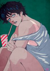 Rule 34 | 1boy, bare legs, between legs, black hair, cup, disposable cup, drinking straw, from side, green background, grey eyes, half-closed eyes, hand between legs, kaneoya sachiko, leaning forward, legs up, looking at viewer, male focus, mouth hold, original, parted lips, shirt tan, short hair, solo, strap pull, tan, tank top, tanline, yoiko yokochou