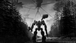Rule 34 | 621 (armored core 6), armored core, armored core 6, commentary, english commentary, from behind, greyscale, highres, holding, holding weapon, l aciel, loader 4, mecha, monochrome, outdoors, robot, rocket launcher, science fiction, snow, thrusters, tree, weapon