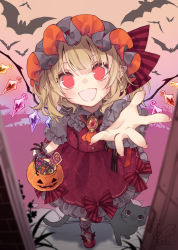 Rule 34 | 1girl, adapted costume, animal, basket, bat (animal), blonde hair, buttons, cat, crystal, dress, flandre scarlet, foreshortening, full moon, halloween, hat, highres, holding, holding basket, long hair, looking at viewer, mob cap, moon, one side up, open mouth, pointy ears, puffy short sleeves, puffy sleeves, reaching, reaching towards viewer, red dress, red eyes, red footwear, short sleeves, signature, solo, teeth, touhou, toutenkou, white legwear, wings