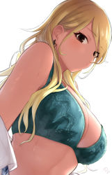 Rule 34 | 1girl, absurdres, black eyes, blonde hair, blush, bra, breasts, brown hair, cleavage, dark-skinned female, dark skin, earrings, gradient hair, green bra, highres, idolmaster, idolmaster shiny colors, izumi mei, jewelry, kijibato 123-gou, lace trim, large breasts, long eyelashes, long hair, looking at viewer, multicolored hair, open clothes, open shirt, shirt, simple background, solo, sweat, tan, underwear, undressing, white background, white shirt