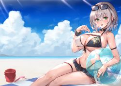 Rule 34 | 1girl, :d, alternate costume, arm strap, ball, beach, beachball, bikini, blush, braid, breasts, choker, cleavage, crossed legs, eyewear on head, green eyes, hair between eyes, hand up, highres, hololive, large breasts, looking at viewer, open mouth, outdoors, shirogane noel, shirogane noel (summer 2020), short hair, silver hair, sitting, smile, solo, sunglasses, swimsuit, thigh strap, thighs, virtual youtuber, watao