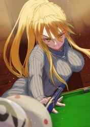 1girl artoria_pendragon_(fate) artoria_pendragon_(lancer)_(fate) ball billiard_ball braid breasts chain chain_necklace fate/grand_order fate_(series) green_eyes hair_between_eyes hand_on_table highres holding_cue_stick inugami86 jewelry large_breasts leotard long_hair necklace playing_games pool_table smile table