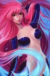 Rule 34 | 1girl, artist name, bishoujo senshi sailor moon, blue hair, bubble, center opening, colored sclera, lipstick, long hair, makeup, mermaid, monster girl, multicolored hair, olchas, pink hair, red eyes, seiren (sailor moon), solo, two-tone hair, underwater, very long hair, watermark, web address, yellow sclera