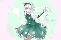 Rule 34 | 1girl, belt, belt buckle, blue eyes, blush, buckle, cherry blossoms, closed mouth, collared shirt, cowboy shot, floating hair, flower, frilled skirt, frills, ghost, gradient background, green skirt, green vest, hair ribbon, hairband, highres, hitodama, holding, holding sword, holding weapon, katana, konpaku youmu, konpaku youmu (ghost), looking at viewer, looking to the side, pan-ooh, pink flower, puffy short sleeves, puffy sleeves, ribbon, serious, sheath, shirt, short hair, short sleeves, silver hair, skirt, solo, sword, touhou, unsheathed, vest, weapon, wing collar