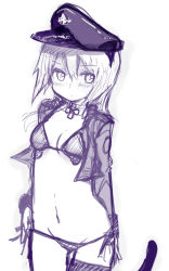 Rule 34 | 1girl, animal ears, bikini, blush, breasts, cat ears, cat tail, cleavage, cowboy shot, cropped jacket, cross, groin, hat, heinrike prinzessin zu sayn-wittgenstein, iron cross, izuoku, jacket, long hair, long sleeves, looking away, military, military uniform, monochrome, navel, noble witches, peaked cap, purple theme, simple background, single thighhigh, sketch, small breasts, solo, standing, strike witches, swimsuit, tail, thigh gap, thighhighs, underboob, uniform, white background, world witches series