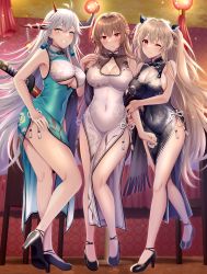 Rule 34 | 3girls, alternate costume, anchorage (azur lane), arm hug, asymmetrical horns, azur lane, bare legs, blue eyes, breasts, brown hair, china dress, chinese clothes, cleavage, cleavage cutout, clothing cutout, dress, full body, grey hair, hakuryuu (azur lane), high heels, highres, horns, katana, lantern, large breasts, legs, light brown hair, long hair, looking at viewer, mismatched horns, multiple girls, official alternate costume, one eye closed, paper lantern, purple eyes, red eyes, sleeveless, smile, standing, strappy heels, suzumia (daydream), swiftsure (azur lane), swiftsure (beauty of white jade) (azur lane), sword, underboob, underboob cutout, weapon, weapon on back