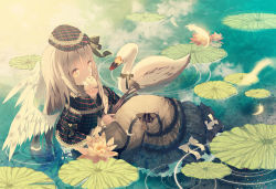 Rule 34 | 1girl, angel wings, bird, black dress, capelet, cloud, detached wings, dress, duck, evemace, feathers, flower, grey hair, hat, lily pad, long hair, original, partially submerged, reflection, ripples, solo, water, white wings, wings, yellow eyes