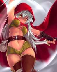 Rule 34 | belt, boots, breasts, brown footwear, brown thighhighs, cape, cecily (sennen sensou aigis), cleavage, fingerless gloves, gloves, grey hair, highres, hood, knee boots, knife, midriff, navel, pouch, red cape, sennen sensou aigis, solo, thigh boots, thighhighs, usuki (graygreed), yellow eyes