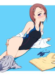 Rule 34 | 1girl, :s, black one-piece swimsuit, blue background, blue bow, blue bowtie, blush, bow, bowtie, unworn bowtie, breasts, brown hair, closed mouth, clothes pull, unworn clothes, competition swimsuit, hi iro, looking at viewer, lying, medium breasts, nose blush, off shoulder, on side, one-piece swimsuit, open clothes, open shirt, pleated skirt, purple eyes, shirt, simple background, skirt, skirt around one leg, skirt pull, solo, swimsuit, unworn vest, white shirt