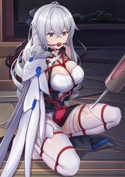 1girl ball_gag bare_shoulders bdsm bondage bound bound_wrists breasts bronya_zaychik bronya_zaychik_(silverwing:_n-ex) cleavage dress drill_hair full_body gag grey_eyes grey_hair hair_between_eyes hair_ornament highres honkai_(series) honkai_impact_3rd kneeling large_breasts long_hair on_one_knee open_mouth sleeveless sleeveless_dress solo syringe thighhighs twin_drills v-shaped_eyebrows white_dress white_thighhighs wiffle_gag yiduan_zhu