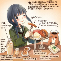 Rule 34 | 1girl, admiral (kancolle), animal, black eyes, black hair, black neckerchief, braid, cheese, colored pencil (medium), commentary request, dated, eating, food, fork, green sailor collar, hamster, holding, holding fork, kantai collection, kirisawa juuzou, kitakami (kancolle), long hair, long sleeves, neckerchief, non-human admiral (kancolle), numbered, one eye closed, sailor collar, sausage, school uniform, serafuku, single braid, smile, traditional media, translation request, twitter username