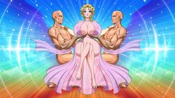 Rule 34 | 1girl, 2boys, absurdres, akiranime, ancient greek clothes, animated, aphrodite (shuumatsu no valkyrie), bare shoulders, blinking, blonde hair, blue eyes, breasts, breasts out, cleavage, clothed female nude male, collarbone, completely nude, covered erect nipples, crossed legs, dark-skinned male, dark skin, dress, feet, flower, flower on head, full body, glowing, gown, grabbing, grabbing another&#039;s breast, greco-roman clothes, greek mythology, hair flower, hair ornament, hands on another&#039;s shoulders, highres, huge areolae, huge breasts, huge nipples, interracial, lights, looking at viewer, multiple boys, muscular, muscular male, music, nude, puffy areolae, puffy nipples, see-through, shuumatsu no valkyrie, sitting, sound, thick thighs, thighs, toes, video, wavy hair