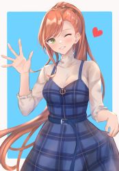 Rule 34 | 1girl, absurdres, beatrix (granblue fantasy), belt, blue background, blue belt, blue dress, border, breasts, brown hair, casual, clothes lift, collarbone, commentary request, contemporary, covered collarbone, dress, dress lift, granblue fantasy, green eyes, heart, highres, large breasts, long hair, one eye closed, plaid, plaid dress, ponytail, renzu (lens 02), shirt, smile, solo, swept bangs, teeth, very long hair, waving, white border, white shirt