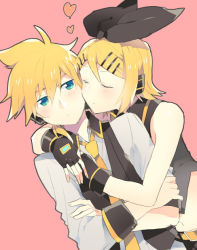 Rule 34 | 1boy, 1girl, black bow, black star (module), blonde hair, blue moon (module), blush, bow, brother and sister, cheek-to-cheek, closed eyes, collared shirt, crossed arms, green eyes, hair ornament, hairclip, headphones, heads together, headset, heart, hetero, holding, hug, kagamine len, kagamine rin, kodoku no hate (vocaloid), necktie, pink background, project diva (series), project diva extend, shirt, short hair, siblings, sinaooo, twins, vocaloid