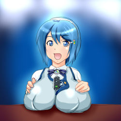 Rule 34 | 7-tan, between breasts, blue eyes, blue hair, breasts, colorado (pixiv27475), controller, hair ornament, huge breasts, large breasts, madobe nanami, microsoft windows, non-web source, os-tan, remote control, sexually suggestive, solo