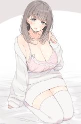 Rule 34 | 1girl, :d, bed sheet, blue eyes, blush, breasts, brown hair, camisole, cleavage, collarbone, grey hair, highres, large breasts, looking at viewer, nekoume, open mouth, original, seiza, sitting, sleeves past wrists, smile, solo, sweater, tareme, thighhighs, thighs, white thighhighs