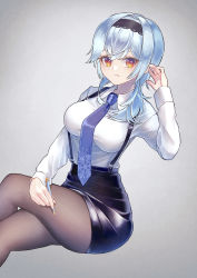 Rule 34 | 1girl, absurdres, alternate costume, black pantyhose, blue hair, business casual, collared shirt, commentary request, contemporary, crossed legs, eula (genshin impact), eyes visible through hair, genshin impact, hair between eyes, highres, holding, holding pen, long sleeves, looking at viewer, medium hair, muitarou, necktie, office lady, orange eyes, pantyhose, pen, pencil skirt, shirt, sidelocks, simple background, sitting, skirt, solo, suspender skirt, suspenders