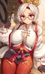 Rule 34 | 1girl, absurdres, black gloves, black skirt, blush, breasts, cleavage, closed mouth, collarbone, flute, glasses, gloves, hand up, highres, holding, holding instrument, instrument, jacket, large breasts, looking at viewer, nintendo, pantyhose, paper, purah, red eyes, red pantyhose, revision, round eyewear, sitting, skirt, skywalker0610, solo, the legend of zelda, the legend of zelda: tears of the kingdom, white hair, white jacket
