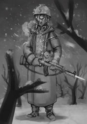 Rule 34 | ambiguous gender, bayonet, erica (naze1940), gas mask, greyscale, gun, helmet, highres, holding, holding gun, holding weapon, mask, military, military uniform, monochrome, original, pouch, rifle, snow, snowing, solo, uniform, weapon