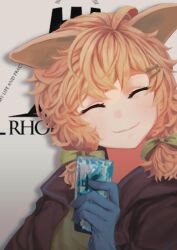 Rule 34 | 1girl, arknights, card, closed eyes, english text, gloves, highres, kroos (arknights), rabbit ears, smile, solo, usungrak