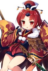 Rule 34 | 1girl, arm guards, baku-p, benienma (fate), blush, chestnut mouth, commentary request, fate/grand order, fate (series), fur trim, glint, hand up, hat, holding, holding sheath, japanese clothes, katana, kimono, long hair, long sleeves, looking at viewer, obi, parted bangs, parted lips, red eyes, red hair, red hat, red kimono, sash, sheath, simple background, solo, sword, unsheathing, very long hair, weapon, white background, wide sleeves