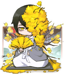 Rule 34 | 1boy, branch, chibi, coat, e.g.o (project moon), flaw eight, flower, flower over eye, grey coat, hand fan, holding, holding fan, korean clothes, limbus company, looking at viewer, project moon, sitting, solo, white coat, wings, yellow eyes, yellow flower, yi sang (project moon)