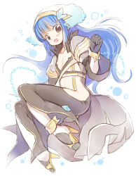 Rule 34 | 1girl, black eyes, black gloves, black pants, blue hair, blush, coat, commentary request, crystal hair ornament, emurin, flat chest, full body, gloves, grey coat, head scarf, high heels, long hair, long sleeves, looking at viewer, majiko (emurin), open mouth, pants, ragnarok online, runes, smile, solo, suspenders, thighhighs, warlock (ragnarok online), white background, white headwear, white thighhighs, yellow footwear