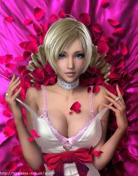 Rule 34 | 1girl, 3d, atlus, bare shoulders, bed sheet, blonde hair, blue eyes, bow, bra, breasts, catherine, catherine (game), choker, cleavage, collar, demon girl, drill hair, eyeshadow, large breasts, lingerie, lipstick, makeup, petals, photorealistic, pink bra, realistic, red ribbon, ribbon, rose petals, short hair, solo, strap pull, twin drills, twintails, underwear, undressing, veins, veiny breasts, waist bow, znz