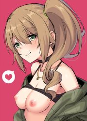 Rule 34 | 1girl, bad id, bad twitter id, bare shoulders, blush, breasts, breasts out, brown hair, character request, chloe (princess connect!), chloe (real) (princess connect!), clothes lift, copyright request, green eyes, green jacket, heart, horosuke, jacket, jewelry, long hair, looking at viewer, medium breasts, necklace, nipples, off shoulder, open clothes, open jacket, pink background, shirt lift, side ponytail, simple background, smile, solo, split mouth, spoken heart, upper body
