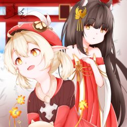 Rule 34 | :d, ahoge, animal ears, azur lane, bare shoulders, bent over, black hair, blunt bangs, brown scarf, cabbie hat, clover print, coat, collarbone, commentary request, crossover, detached sleeves, dress, fox ears, genshin impact, hair between eyes, hair ornament, hand on own chest, hat, hat feather, hat ornament, highres, iroki (iroki1211), jewelry, jumpy dumpty, klee (genshin impact), light brown hair, long hair, long sleeves, looking at another, looking away, low twintails, nagato (azur lane), necklace, open mouth, orange eyes, parted lips, pointy ears, red coat, red dress, red headwear, scarf, sidelocks, signature, smile, torii, twintails, wide sleeves, yellow eyes