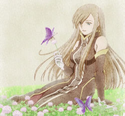 Rule 34 | 00s, 1girl, :d, anime screenshot, antennae, arm support, black dress, blue eyes, breasts, brown hair, bug, butterfly, dress, elbow gloves, field, flower, flower field, full body, gloves, grass, hair over one eye, holding, holding flower, insect, long hair, medium breasts, open mouth, plant, screencap, sitting, sleeveless, sleeveless dress, smile, solo, stitched, straight hair, tales of (series), tales of the abyss, tear grants, third-party edit, very long hair, white gloves, yokozuwari