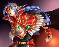 Rule 34 | 1boy, black wings, blue hair, braid, braided ponytail, bridal gauntlets, capelet, commentary request, fur-trimmed capelet, fur trim, gem, gradient background, green eyes, helmet, high collar, high wizard (ragnarok online), kiribox, long hair, looking to the side, male focus, open mouth, pants, pointy ears, purple background, ragnarok online, red capelet, shirt, sidelocks, solo, teeth, upper body, upper teeth only, white pants, white shirt, wings