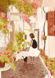 Rule 34 | 1girl, black cat, brown hair, cat, dark-skinned female, dark skin, dress, flower, from behind, highres, leaf, original, pink flower, plant, potted plant, shadow, short hair, sleeveless, sleeveless dress, solo, standing, tabisumika, table, white day, wide shot