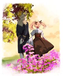 Rule 34 | 1boy, 1girl, arms at sides, arms behind back, black coat, blonde hair, boots, brown dress, brown ribbon, closed mouth, coat, demon boy, demon girl, demon horns, dress, facing away, flower, from behind, fujimoto kouki, hair ribbon, highres, horns, linie (sousou no frieren), long hair, long sleeves, lugner (sousou no frieren), official art, orange hair, outdoors, own hands together, pink flower, promotional art, puffy sleeves, ribbon, sky, sousou no frieren, standing, tree, twintails, white footwear, wide sleeves