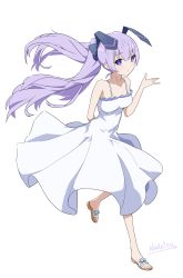 Rule 34 | 1girl, absurdres, barefoot sandals (jewelry), blue eyes, blush, breasts, bright pupils, dress, floating hair, hair behind ear, highres, leg up, looking at viewer, muv-luv, muv-luv alternative, muv-luv alternative (anime), nadei ru, open hand, sandals, silver hair, small breasts, solo, twintails, white dress, white pupils, yashiro kasumi