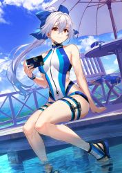 Rule 34 | 1girl, bare arms, bare legs, blue sky, cellphone, chair, clothes on object, cloud, day, deck, facing to the side, fate/grand order, fate (series), hair between eyes, holding, holding phone, in water, long hair, looking at viewer, mitsudomoe (shape), multicolored clothes, multicolored footwear, multicolored swimsuit, official art, one-piece swimsuit, parasol, phone, red eyes, sandals, shirabi, sitting, sky, smartphone, smile, solo, swimsuit, table, tomoe (symbol), tomoe gozen (fate), tomoe gozen (swimsuit saber) (fate), tomoe gozen (swimsuit saber) (first ascension) (fate), umbrella, white hair