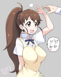 Rule 34 | 1girl, :d, apron, blush, bowieknife, breasts, brown eyes, brown hair, cleavage, collared shirt, commentary request, frills, grey background, impossible clothes, large breasts, long hair, open mouth, ponytail, ribbon, shirt, signature, simple background, smile, solo focus, taneshima popura, translated, waitress, working!!
