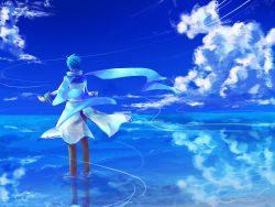 Rule 34 | 1boy, bad id, blue hair, blue scarf, blue theme, cloud, day, k-ko, kaito (vocaloid), male focus, reflection, reflective water, scarf, short hair, sky, solo, standing, standing on liquid, vocaloid, wallpaper, water, water world, wind