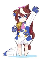 Rule 34 | 1girl, :o, animal ears, arm up, ascot, asymmetrical gloves, barefoot, blue eyes, blue gloves, blush, brown hair, colored shadow, commentary request, epaulettes, gloves, hair between eyes, hair ribbon, highres, horse ears, horse girl, horse tail, jacket, long hair, long sleeves, looking at viewer, mismatched gloves, multicolored hair, nozo (hitomiz), parted lips, pink ascot, pink ribbon, pleated skirt, ponytail, ribbon, shadow, short shorts, shorts, single epaulette, skirt, unworn skirt, sleeves past wrists, solo, streaked hair, tail, tokai teio (umamusume), umamusume, very long hair, white background, white gloves, white hair, white jacket, white shorts, white skirt