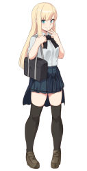 Rule 34 | 1girl, bag, black bag, black skirt, black thighhighs, blonde hair, blue eyes, brown footwear, commentary request, fate/grand order, fate (series), long hair, looking at viewer, lord el-melloi ii case files, pleated skirt, reines el-melloi archisorte, shirt, shiseki hirame, shoes, simple background, skirt, smile, solo, split mouth, thighhighs, white background, white shirt, zettai ryouiki