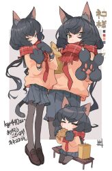 Rule 34 | 1girl, animal ears, animal hands, bag, bench, black eyes, black hair, black pantyhose, black skirt, brown footwear, cat ears, cat girl, cat tail, character name, chibi, closed eyes, closed mouth, color guide, commentary request, commission, eating, enpera, food, gloves, highres, holding, holding food, kasa (hitori sanka), loafers, multiple views, on bench, orange sweater, original, pantyhose, paper bag, paw gloves, plaid, plaid scarf, pleated skirt, scarf, shoes, sitting, skeb commission, skirt, standing, sweater, tail, taiyaki, wagashi
