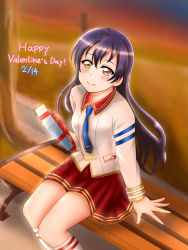 Rule 34 | 1girl, absurdres, artist name, artist request, bare legs, blue hair, blue necktie, blush, box, breasts, brown eyes, clothes writing, collared shirt, dated, female focus, gift, gift box, hair between eyes, happy valentine, heart, heart (symbol), heart print, highres, holding, holding gift, layered skirt, long hair, long sleeves, looking at viewer, love live!, love live! school idol festival, love live! school idol project, miniskirt, nail, nail polish, necktie, parted lips, pink nails, plaid, plaid skirt, pleated, pleated skirt, red skirt, shirt, sitting, skirt, smile, solo, sonoda umi, sunset, valentine, white legwear, white shirt, wing collar, yellow eyes