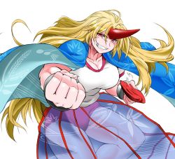 Rule 34 | 1girl, alcohol, angeldust, blonde hair, blue cape, blue skirt, breasts, buruma, cape, cleavage, clenched hand, commentary request, cowboy shot, cuffs, cup, foreshortening, grass print, grin, horns, hoshiguma yuugi, large breasts, leaf print, long hair, muscular, muscular female, neck, red eyes, sakazuki, sake, see-through, shackles, shirt, short sleeves, simple background, single horn, skirt, slit pupils, smile, solo, spilling, striped clothes, striped skirt, thick thighs, thighs, touhou, very long hair, white background, white shirt