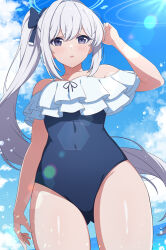 Rule 34 | 1girl, adjusting hair, bare shoulders, blue archive, blue bow, blue eyes, blue one-piece swimsuit, blue sky, blush, bow, cameltoe, cloud, collarbone, commentary, covered navel, cowboy shot, day, floating hair, frilled one-piece swimsuit, frills, hair between eyes, hair bow, halo, highres, lens flare, long hair, looking at viewer, miyako (blue archive), miyako (swimsuit) (blue archive), off-shoulder one-piece swimsuit, off shoulder, official alternate costume, one-piece swimsuit, open mouth, outdoors, ponytail, rin ateria, sidelocks, sky, solo, standing, swimsuit, thighs, very long hair, water drop, white hair