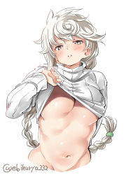 Rule 34 | alternate costume, arm behind back, asymmetrical hair, bottomless, braid, breasts, clothes lift, ebifurya, highres, jitome, kantai collection, large breasts, lifted by self, long hair, no bra, no panties, silver hair, simple background, single braid, sweater, unryuu (kancolle), very long hair, wavy hair, white sweater, yellow eyes