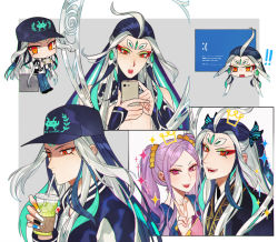 Rule 34 | ahoge, bare pectorals, baseball cap, black hair, casual, cellphone, contemporary, eyeshadow, fate/grand order, fate (series), fingernails, hat, long fingernails, long hair, makeup, male focus, multicolored hair, pectorals, phone, purple eyes, purple hair, shi huang di (fate), red eyes, sindri, smartphone, sparkle, twintails, two-tone hair, v, very long hair, white hair, wu zetian (fate)