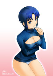 Rule 34 | 00s, 1girl, blue eyes, blue hair, breasts, ciel (tsukihime), cleavage, cleavage cutout, clothing cutout, covered erect nipples, glasses, highres, large breasts, matching hair/eyes, melty blood, meme attire, no pants, oceanbellereine, open-chest sweater, panties, ribbed sweater, short hair, solo, sweater, tsukihime, turtleneck, type-moon, underwear, white panties