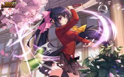 Rule 34 | 1girl, 300 heroes, artist request, bamboo, black hair, black skirt, black thighhighs, bow, breasts, cherry blossoms, flower, hair between eyes, hair bow, holding, holding sword, holding weapon, katana, large breasts, leaf, long hair, looking at viewer, noihara himari, omamori himari, open mouth, outdoors, petals, pink bow, pink flower, pleated skirt, ponytail, purple eyes, school uniform, skirt, solo, standing, sword, thighhighs, tree, very long hair, weapon, zettai ryouiki
