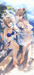 Rule 34 | 2girls, ;d, absurdres, anklet, bare legs, barefoot, bikini, bikini under clothes, blue bikini, blue choker, blurry, blurry background, blush, choker, closed mouth, collarbone, day, dress, eye contact, flower, green eyes, hair flower, hair ornament, halterneck, hand on own hip, highres, jewelry, leaning forward, looking at another, multiple girls, one eye closed, open mouth, original, outdoors, red flower, see-through, see-through dress, sitting, smile, standing, summer, sundress, sunlight, swimsuit, swkl:d, thigh strap, white dress, yellow flower