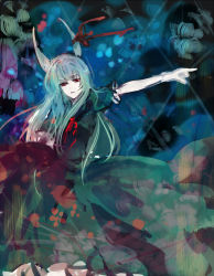 Rule 34 | 1girl, angry, bow, dress, ex-keine, female focus, green hair, green theme, hair bow, horns, kamishirasawa keine, long hair, minase (mmakina), outstretched arm, outstretched hand, pointing, red eyes, ribbon, short sleeves, solo, touhou